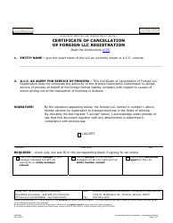 Document preview: Form L026.002 Certificate of Cancellation of Foreign LLC Registration - Arizona