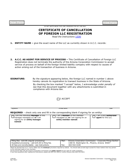 Form L026.002 Certificate of Cancellation of Foreign LLC Registration - Arizona