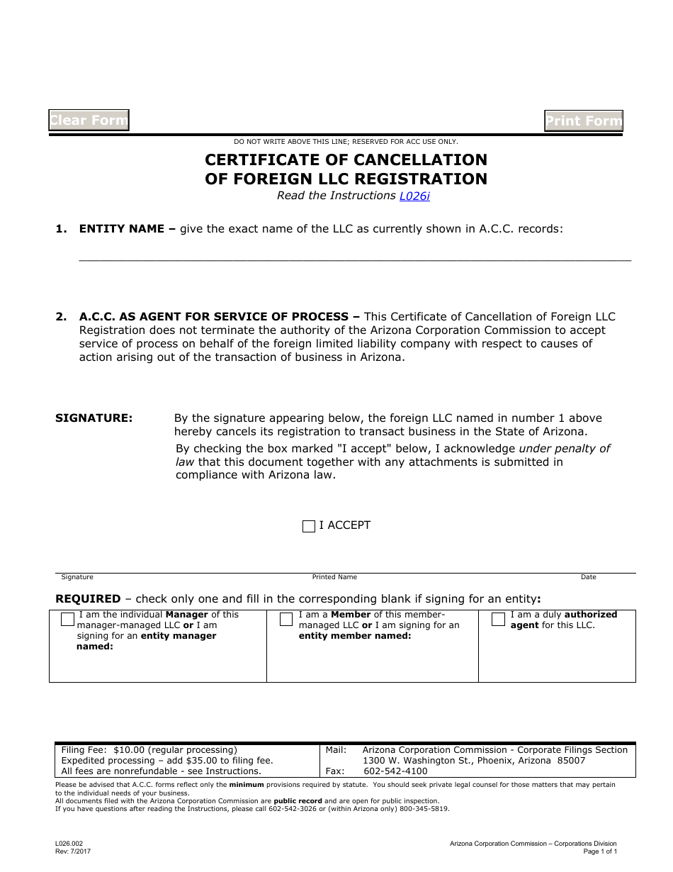 Form L026.002 Certificate of Cancellation of Foreign LLC Registration - Arizona, Page 1