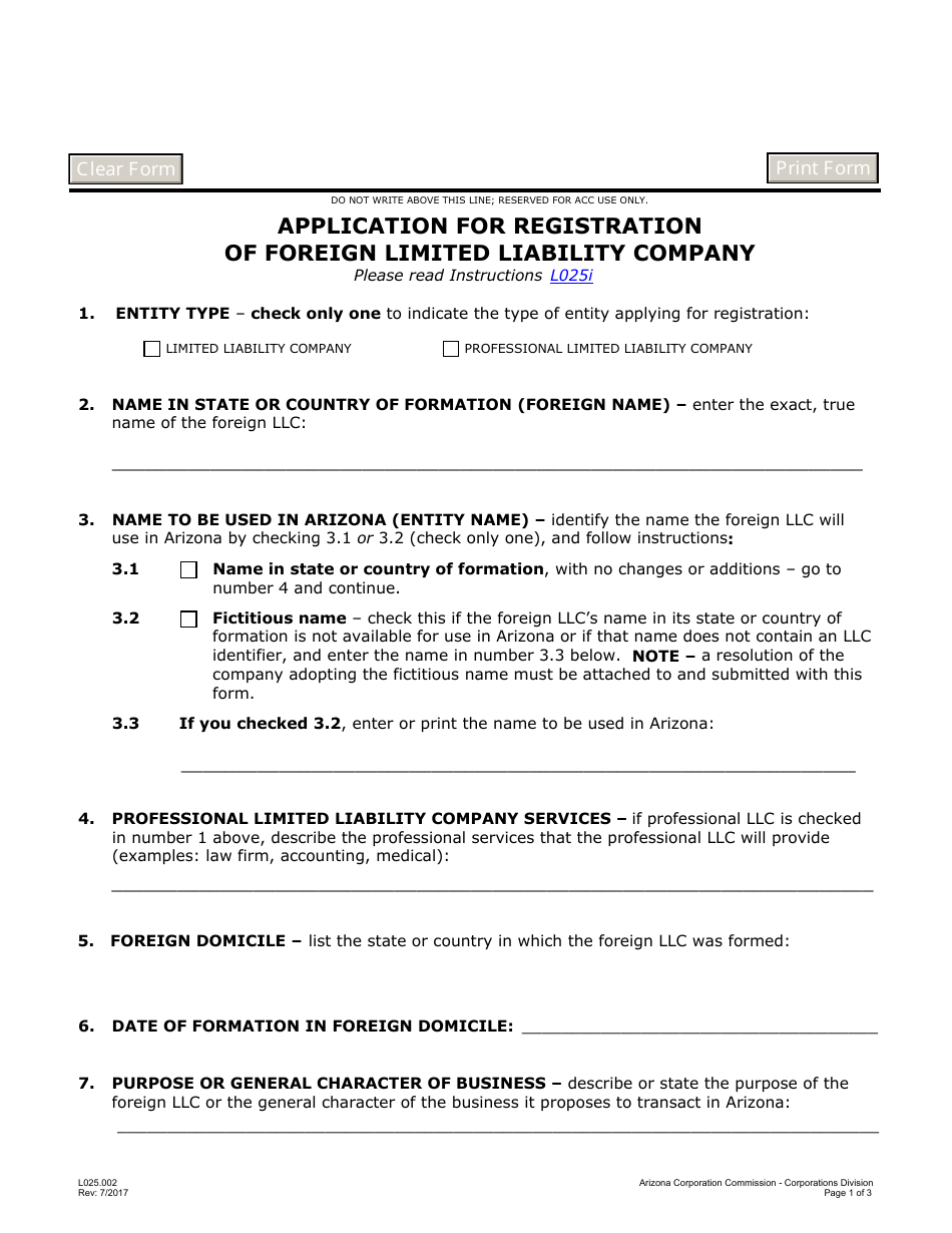 Form L025.002 Application for Registration of Foreign Limited Liability Company - Arizona, Page 1