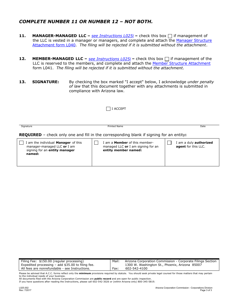 Form L025.002 Application for Registration of Foreign Limited Liability Company - Arizona, Page 3
