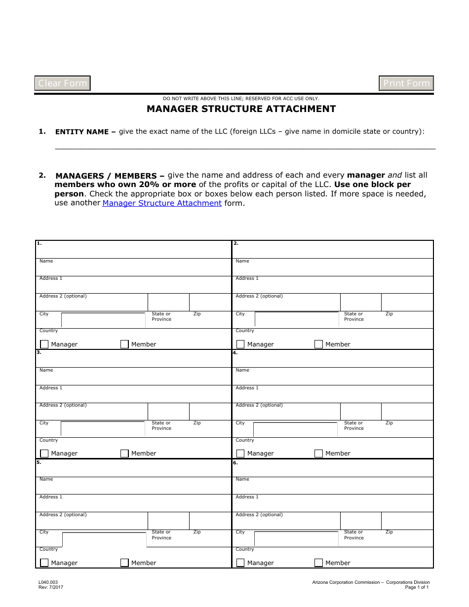 Form L040.003 Manager Structure Attachment - Arizona, Page 1