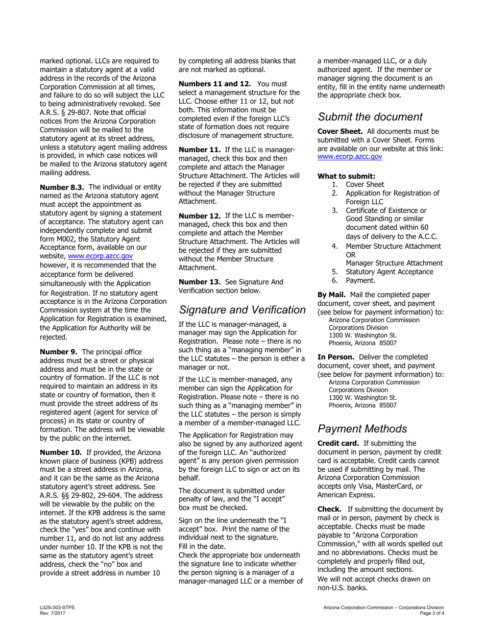 Instructions for Form L025 Application for Registration of Foreign LLC Form - Arizona, Page 3