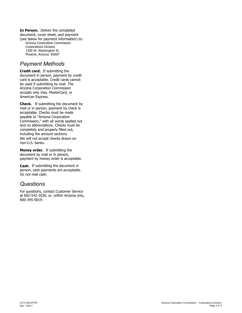 Instructions for Form L017.002 Articles of Amendment to Application for Registration of Foreign Llc - Arizona, Page 3