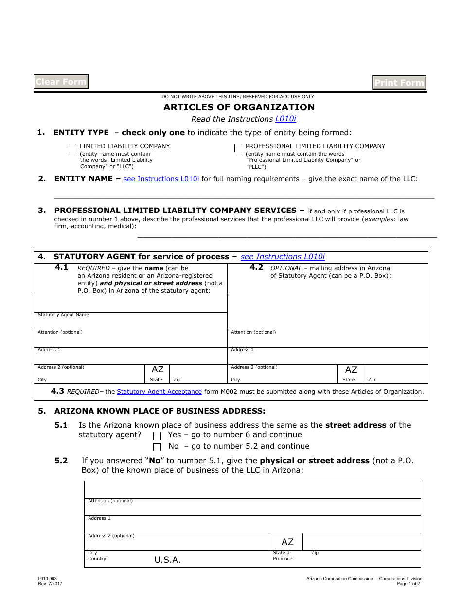 Form L010 Articles of Organization - Arizona, Page 1
