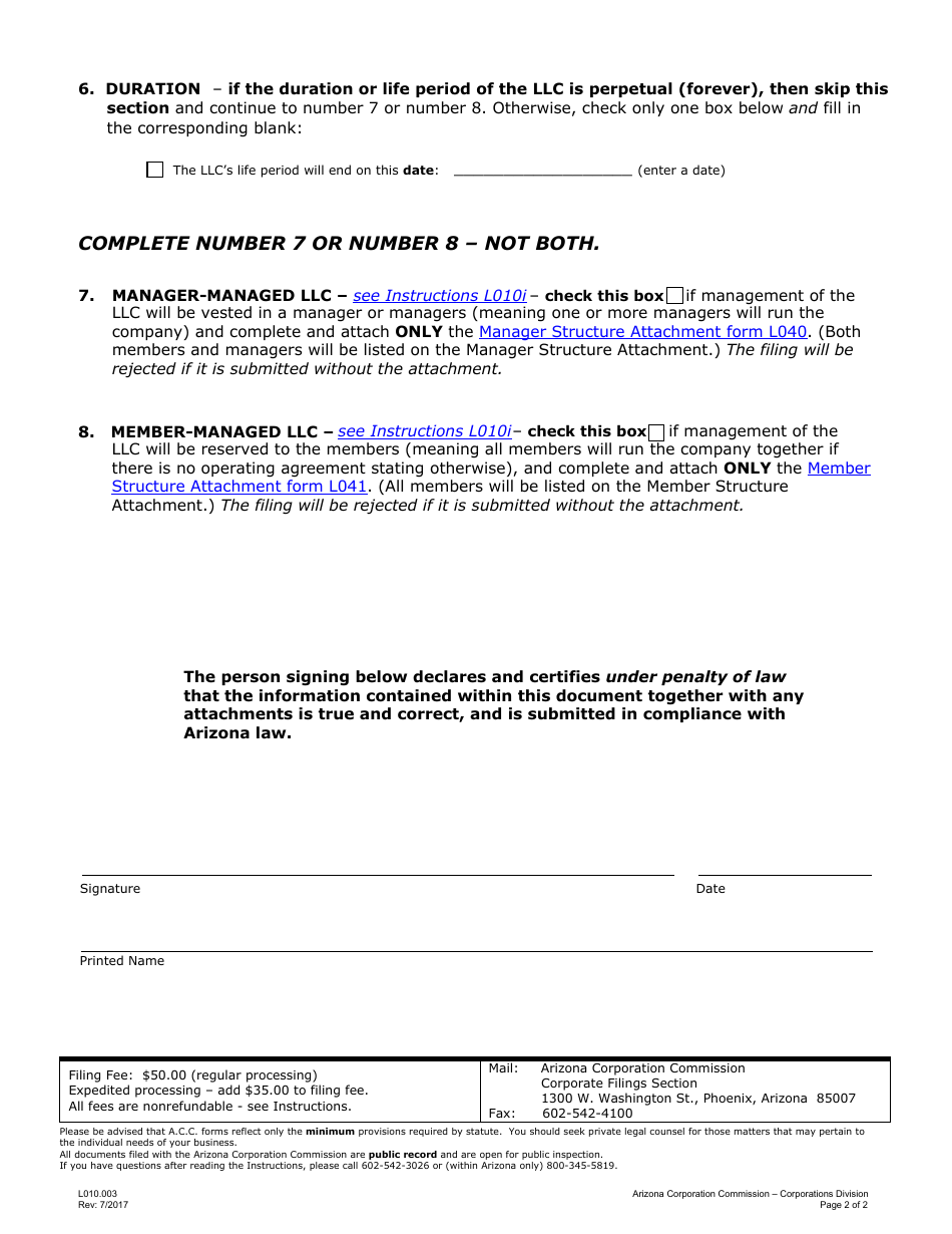 Form L010 Articles of Organization - Arizona, Page 2