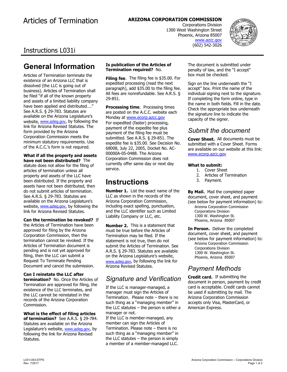 Instructions for Form L031 Articles of Termination - Arizona, Page 1