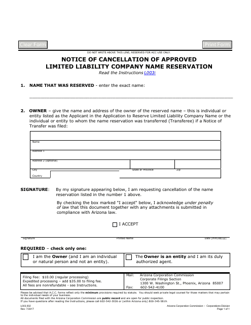 Form L003.002 Notice of Cancellation of Approved Limited Liability Company Name Reservation - Arizona