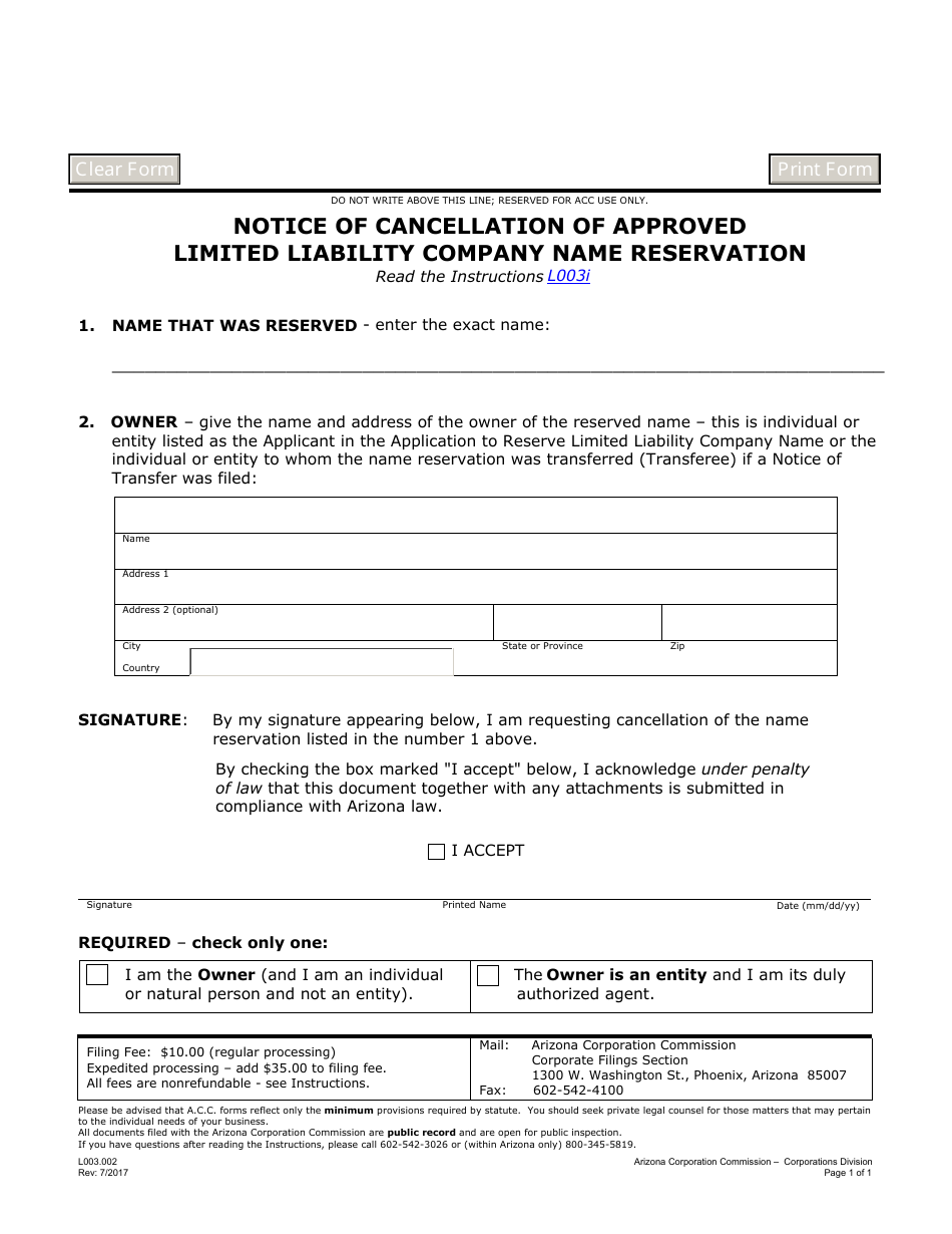 Form L003.002 Notice of Cancellation of Approved Limited Liability Company Name Reservation - Arizona, Page 1