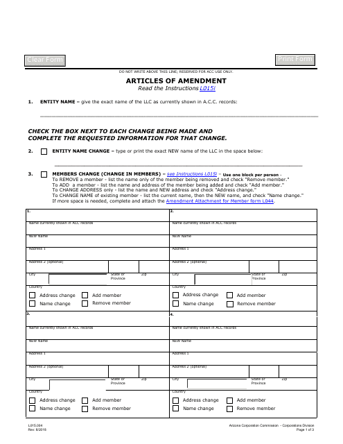 Form L015.004 Articles of Amendment - Arizona