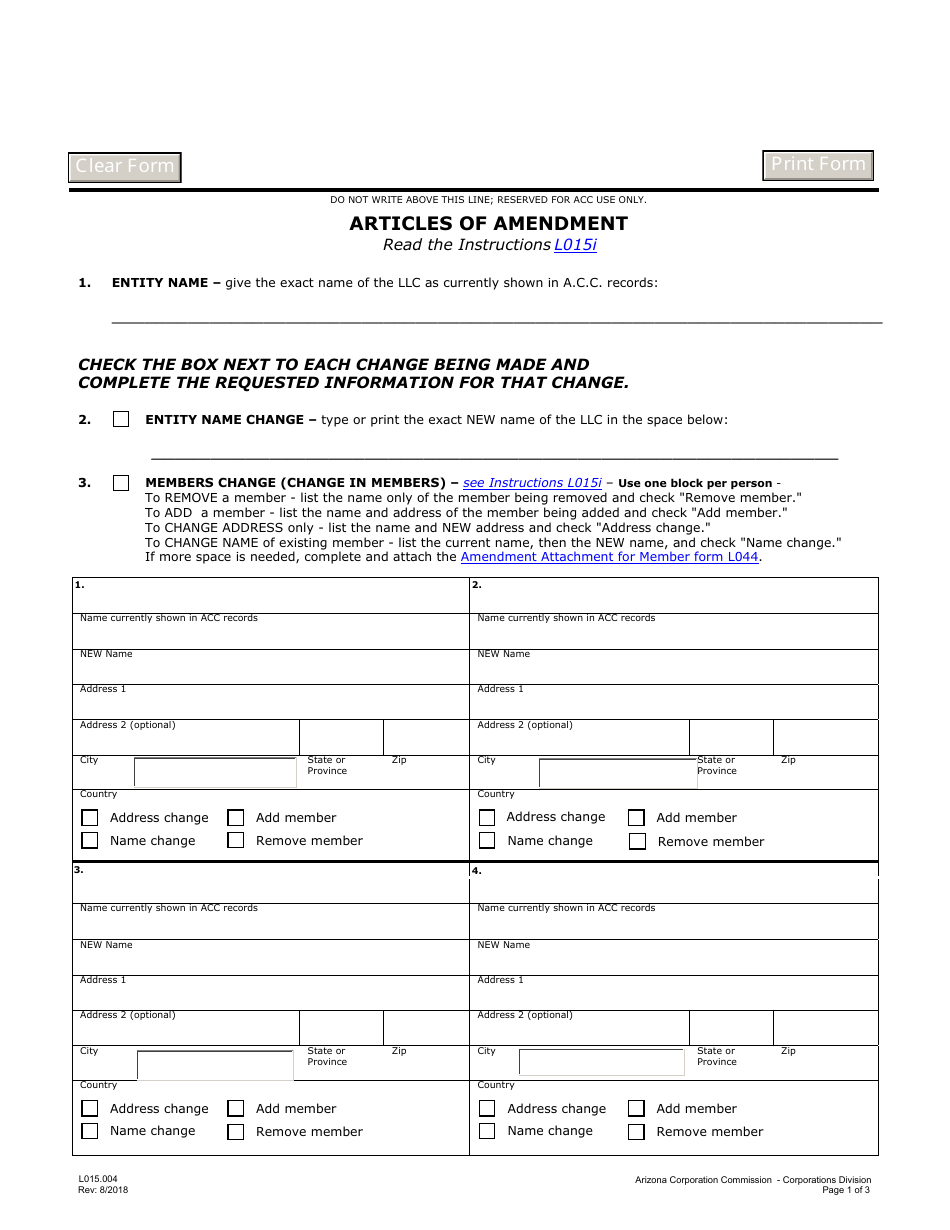 Form L015.004 Articles of Amendment - Arizona, Page 1