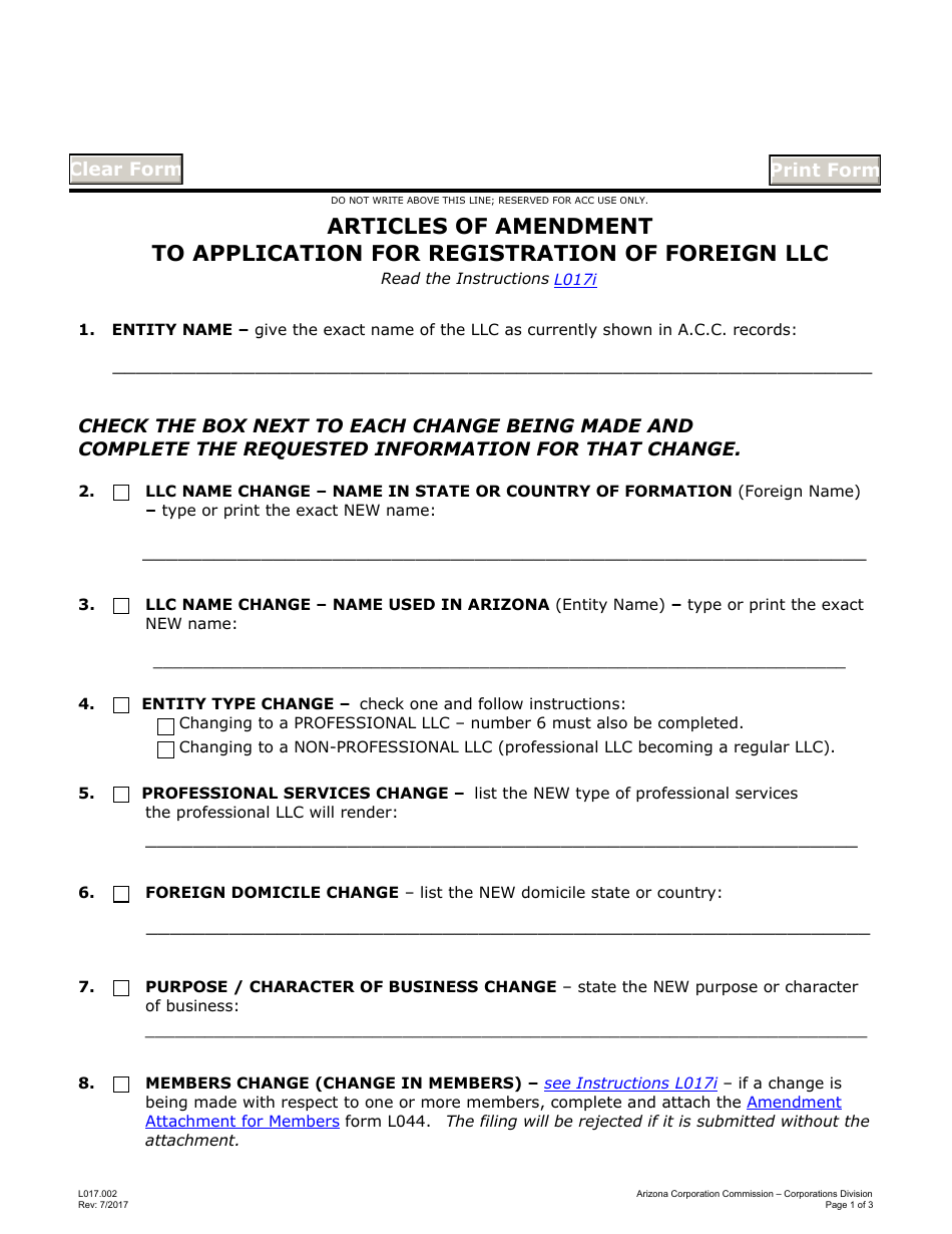 Form L017.002 Articles of Amendment to Application for Registration of Foreign Llc - Arizona, Page 1