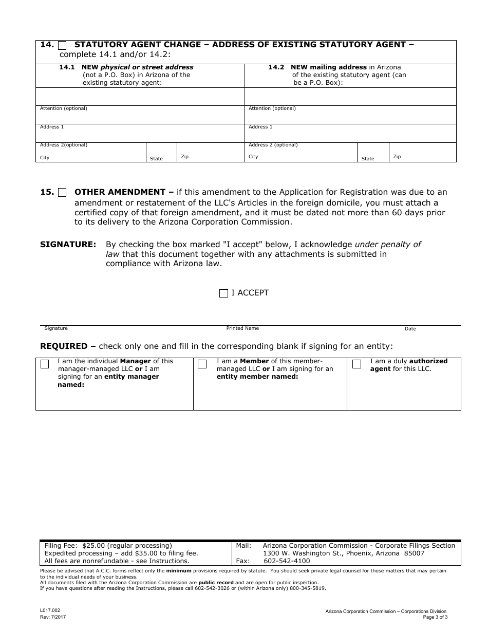 Form L017.002 Articles of Amendment to Application for Registration of Foreign Llc - Arizona, Page 3