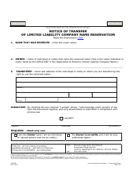 Document preview: Form L002.002 Notice of Transfer of Limited Liability Company Name Reservation - Arizona