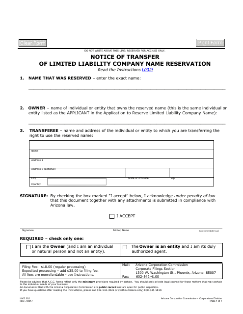 Form L002.002 Notice of Transfer of Limited Liability Company Name Reservation - Arizona