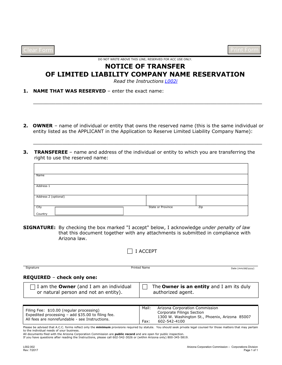 Form L002.002 Notice of Transfer of Limited Liability Company Name Reservation - Arizona, Page 1
