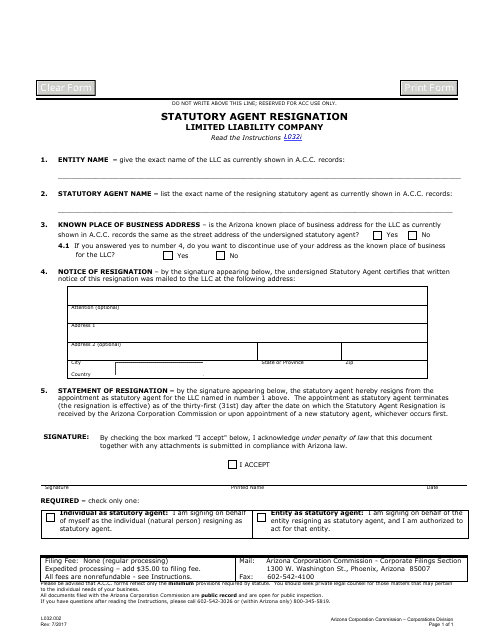 Form L032.002 Statutory Agent Resignation - Limited Liability Company - Arizona