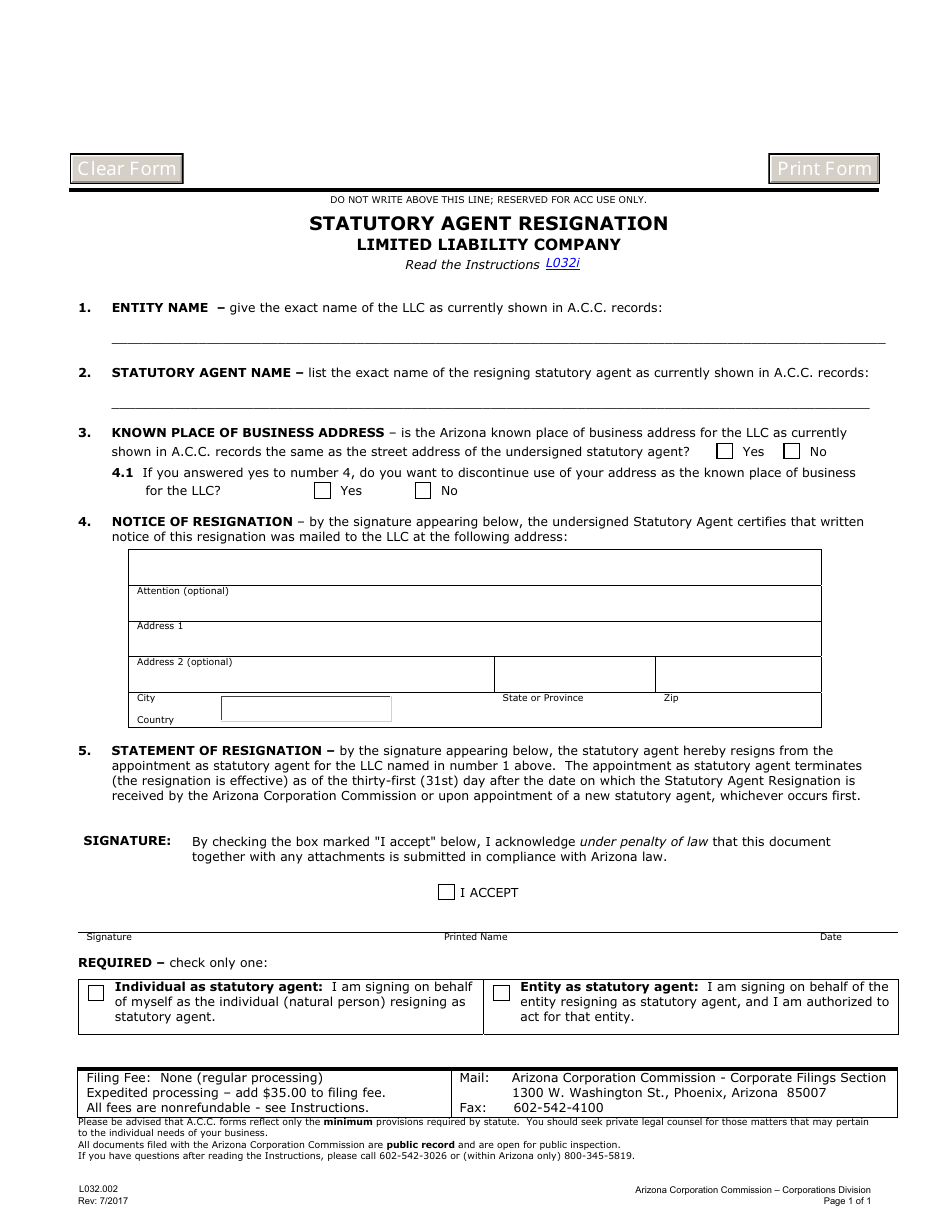Form L032.002 Statutory Agent Resignation - Limited Liability Company - Arizona, Page 1