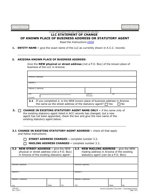 Form L020.002 LLC Statement of Change of Known Place of Business Address or Statutory Agent - Arizona
