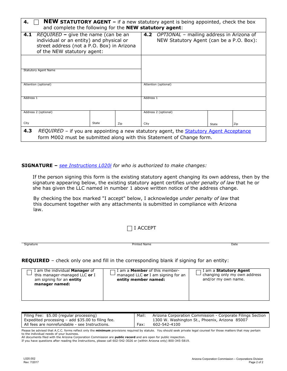 Form L020.002 LLC Statement of Change of Known Place of Business Address or Statutory Agent - Arizona, Page 2