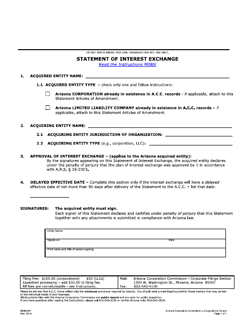 Form M080.001 Statement of Interest Exchange - Arizona