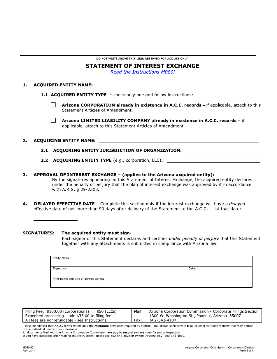 Form M080.001 Statement of Interest Exchange - Arizona, Page 1