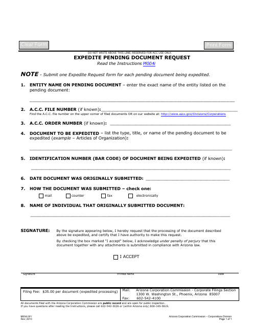 Form M004.001 Expedite Pending Document Request - Arizona