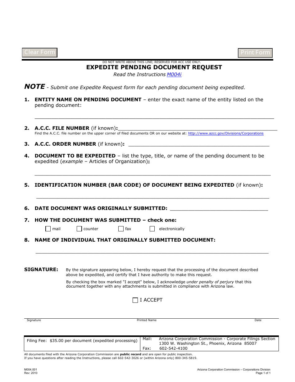 Form M004.001 Expedite Pending Document Request - Arizona, Page 1