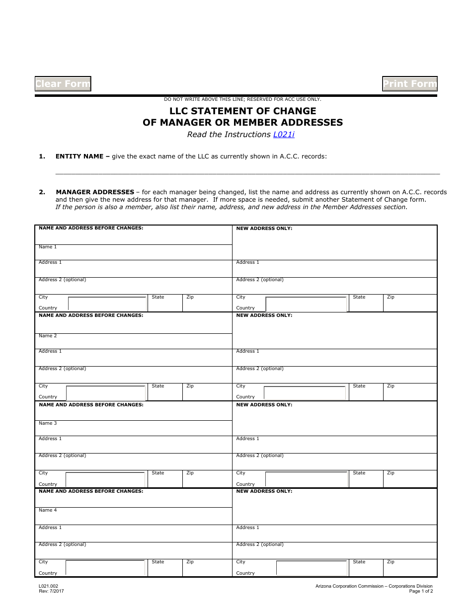 Form L021.002 LLC Statement of Change of Manager or Member Addresses - Arizona, Page 1