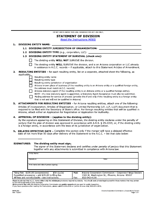 Form M095.002 Statement of Division - Arizona
