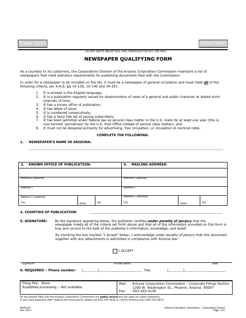 Form M026.001 Newspaper Qualifying Form - Arizona