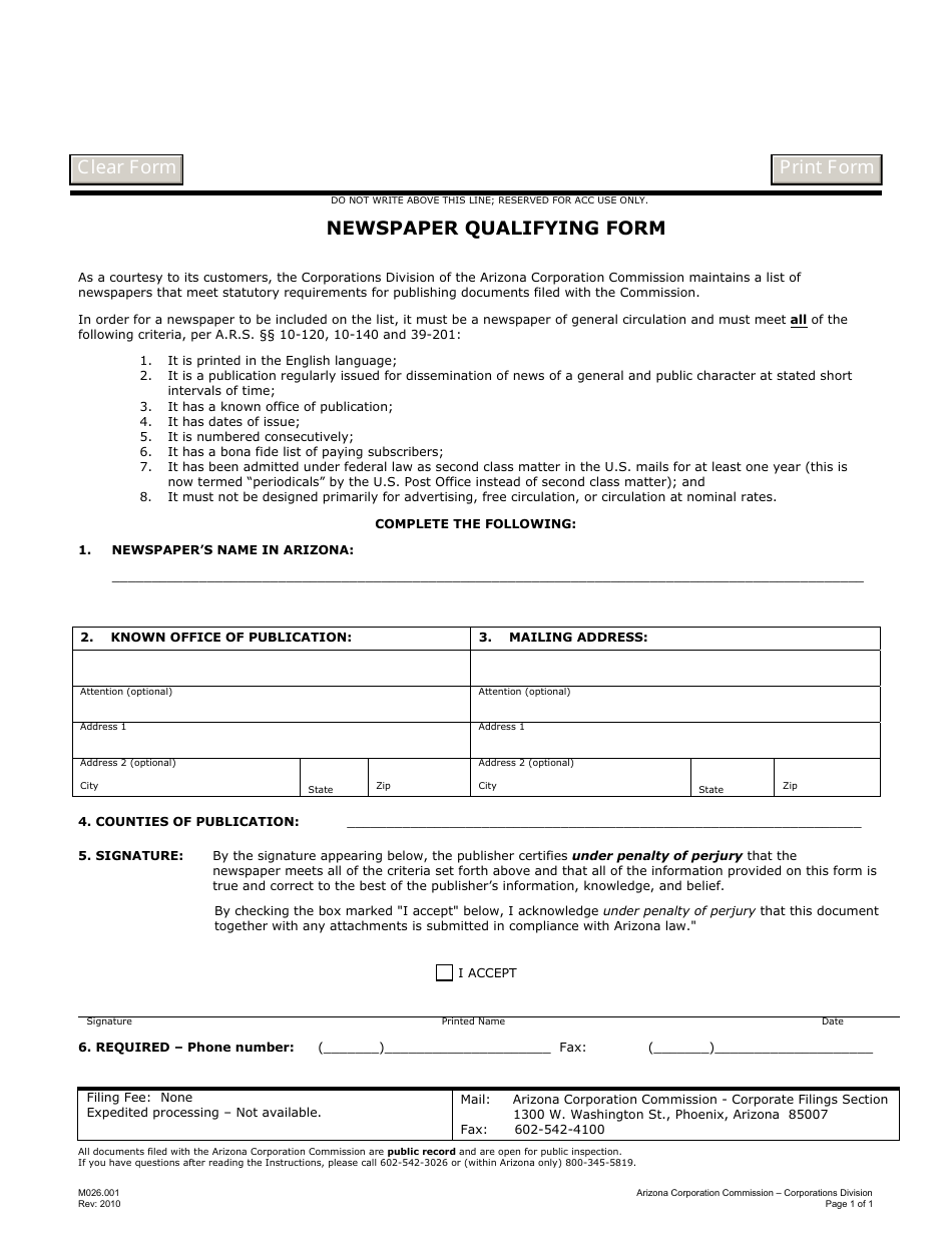 Form M026.001 Newspaper Qualifying Form - Arizona, Page 1