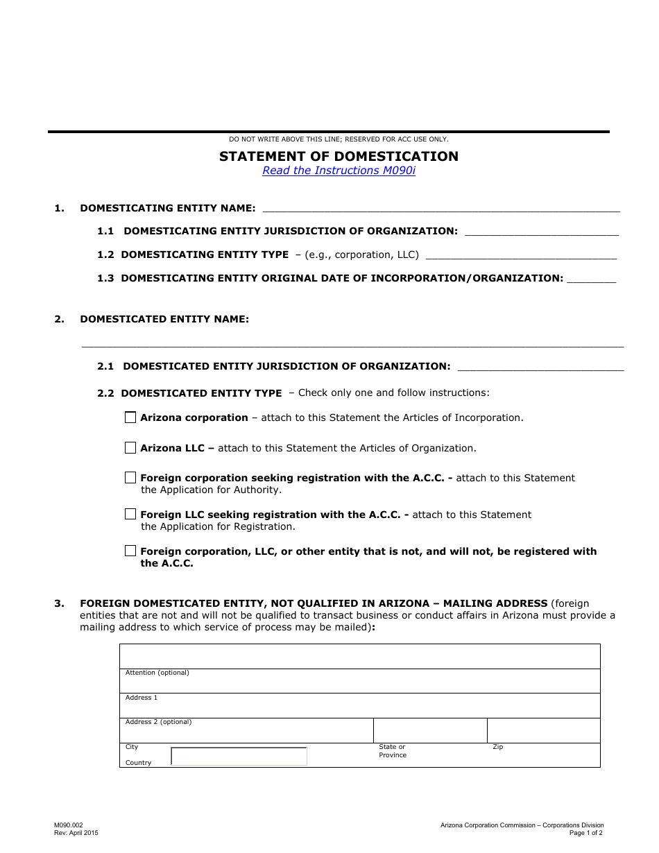 Form M090.002 Statement of Domestication - Arizona, Page 1