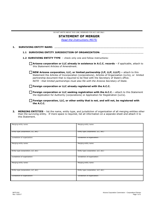 Form M075.002 Statement of Merger - Arizona