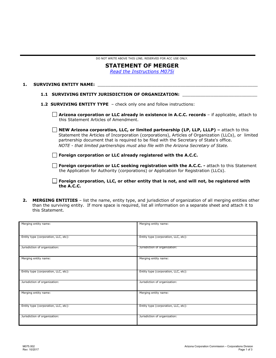 Form M075.002 Statement of Merger - Arizona, Page 1