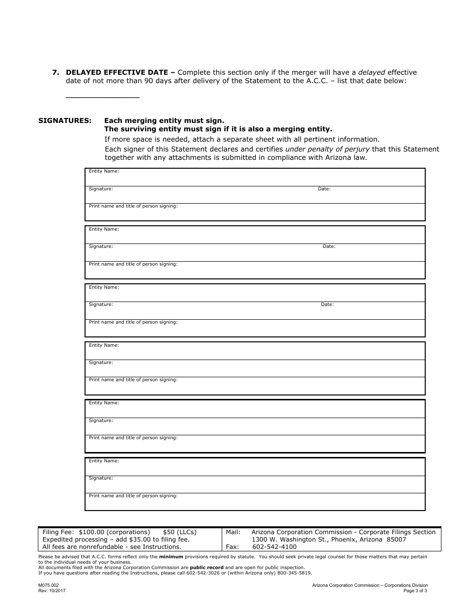 Form M075.002 Statement of Merger - Arizona, Page 3