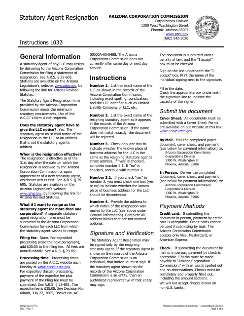Instructions for Form L032 Statutory Agent Resignation - Arizona