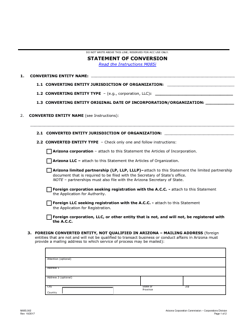 Form M085.002 Statement of Conversion - Arizona