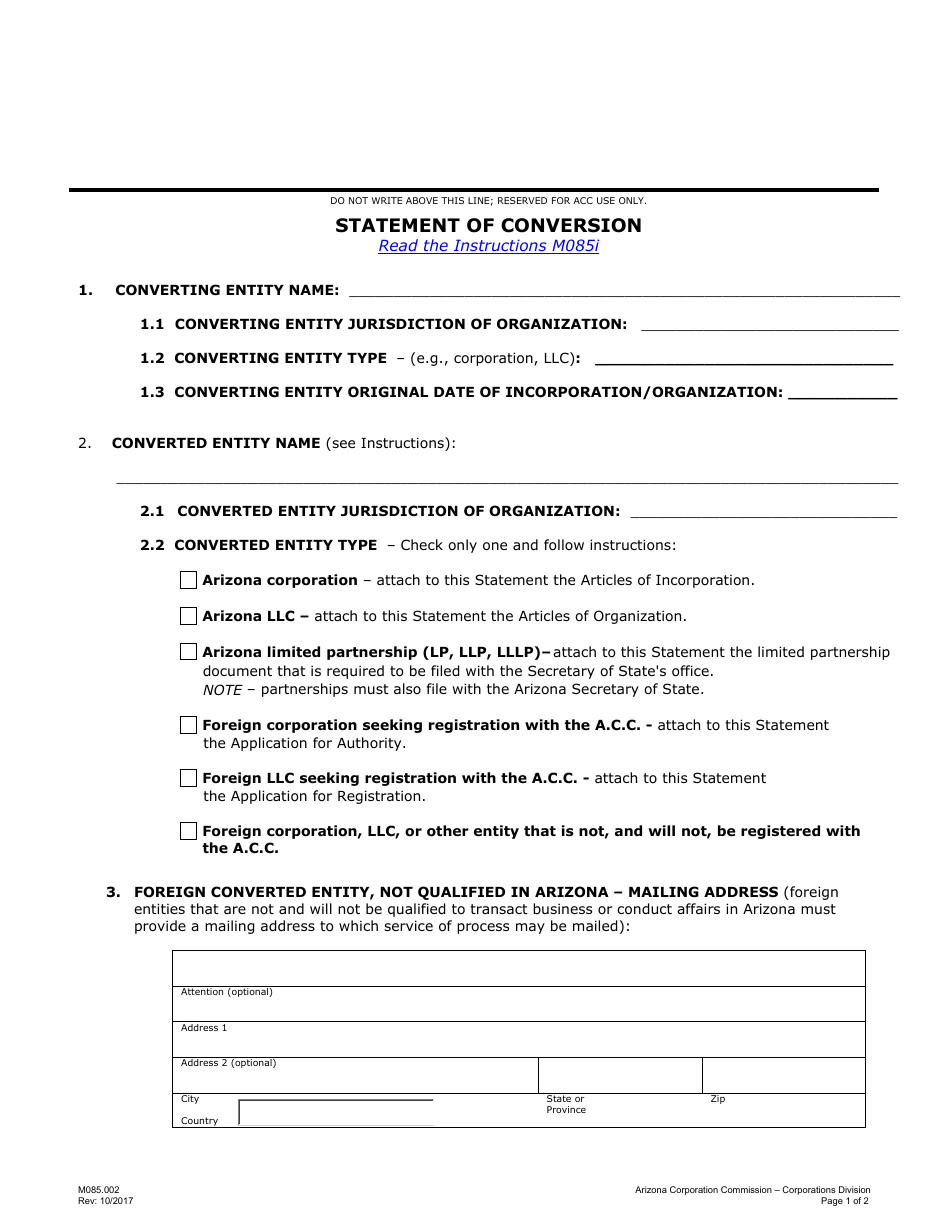 Form M085.002 Statement of Conversion - Arizona, Page 1