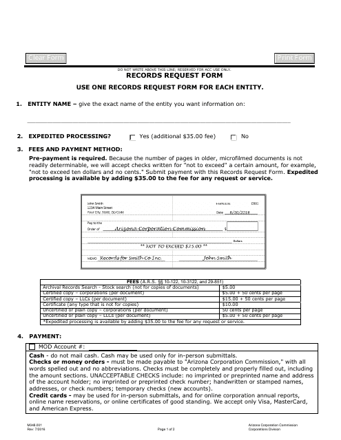Form M048.001 Records Request Form - Arizona