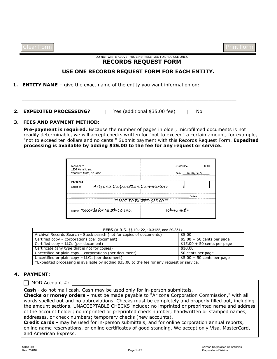 Form M048.001 Records Request Form - Arizona, Page 1