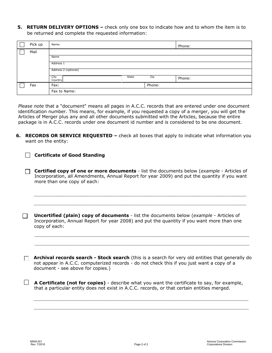Form M048.001 Records Request Form - Arizona, Page 2