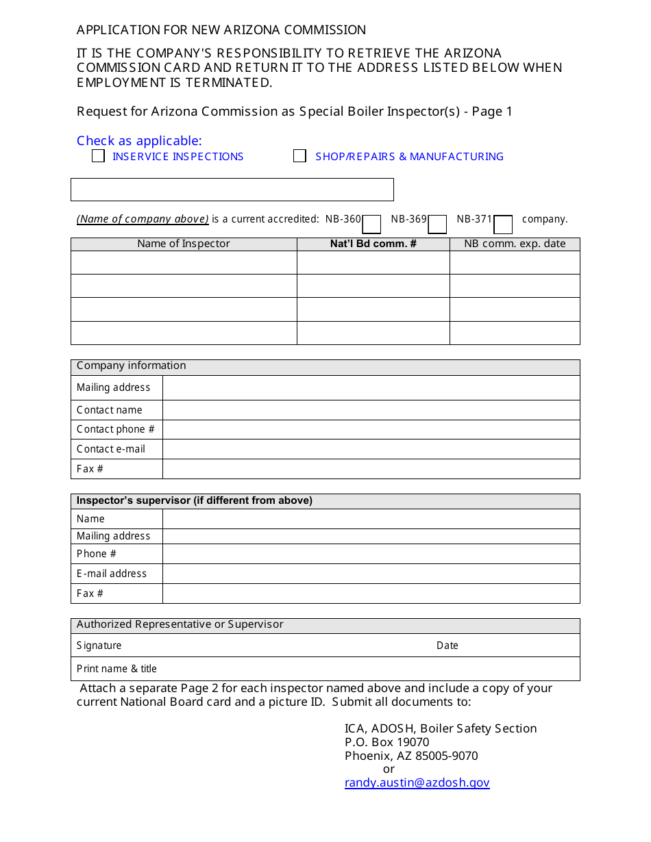 Special Inspector Application Form - Arizona, Page 1