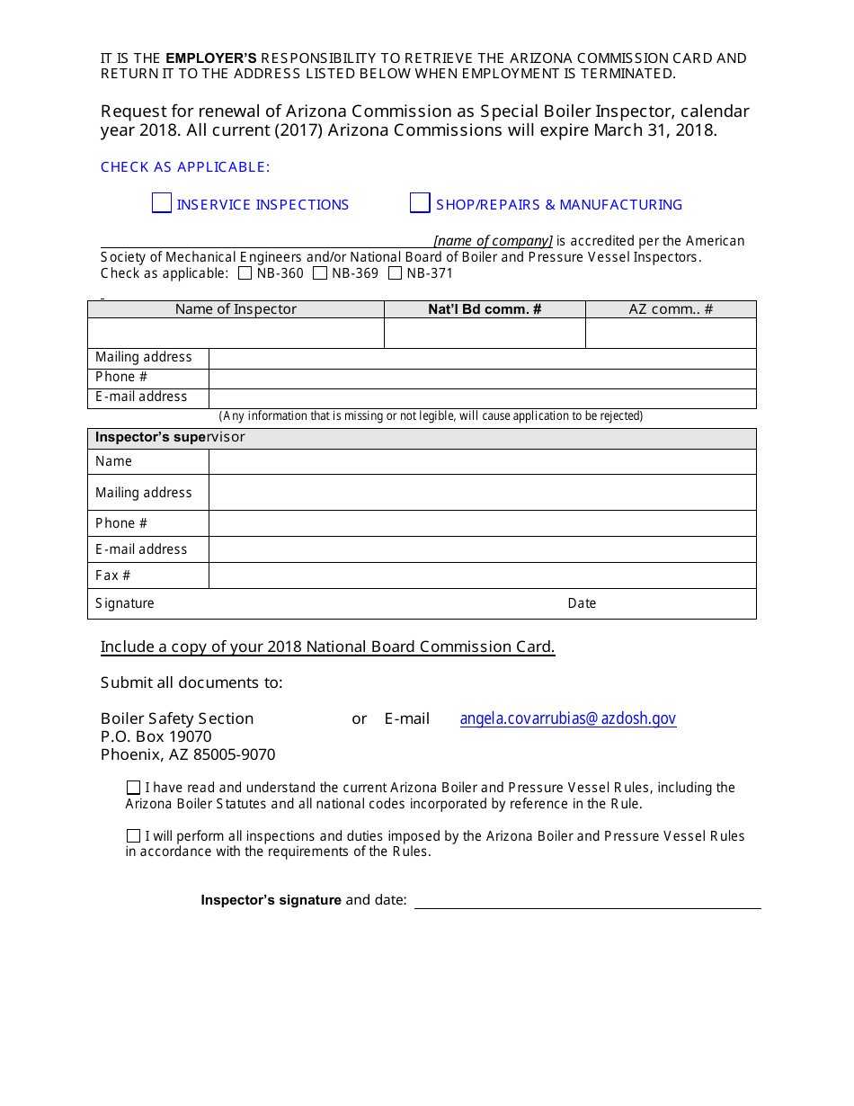 Special Boiler Inspector Renewal Application Form - Arizona, Page 1