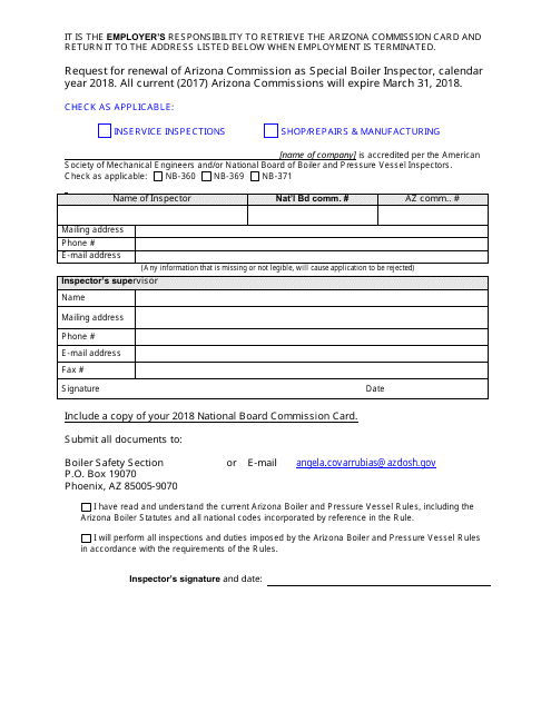 Special Boiler Inspector Renewal Application Form - Arizona