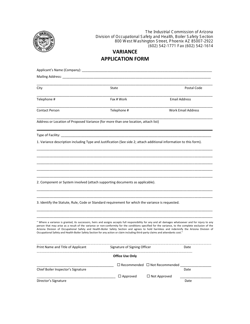 Variance Application Form - Arizona, Page 1