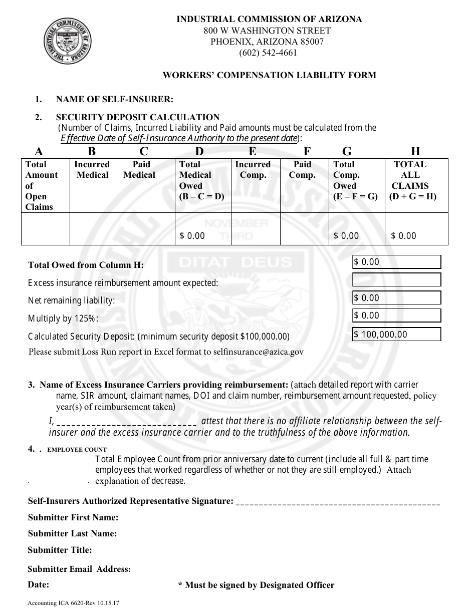 Form Accounting ICA6620 Workers Compensation Liability Form - Arizona, Page 1
