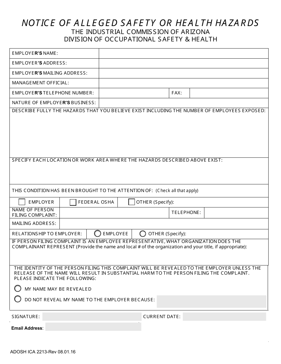 Form ADOSH ICA2213 Notice of Alleged Safety or Health Hazards - Arizona, Page 1