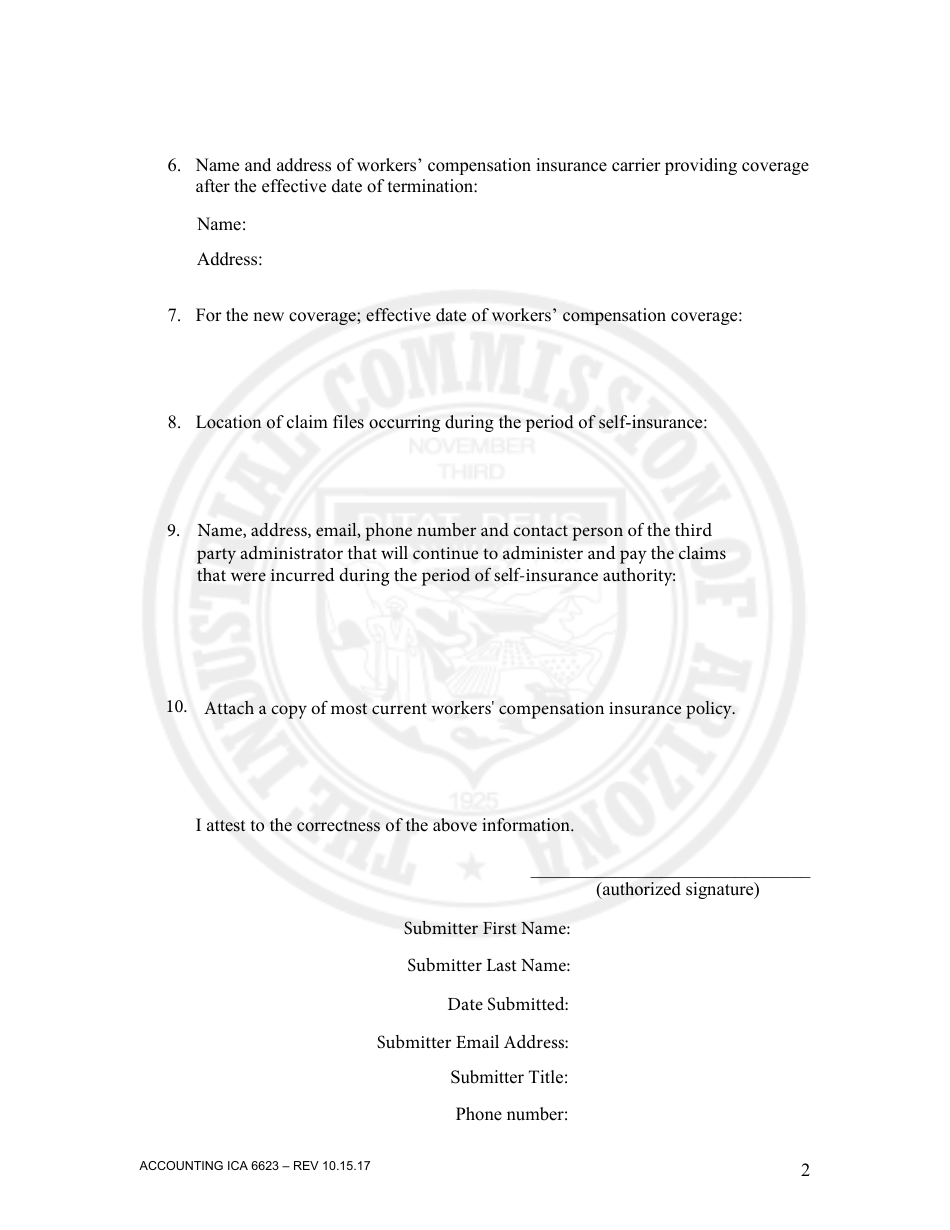 Form Accounting ICA6623 Notice of Self-insurers Termination of Self-insurance Form - Arizona, Page 2