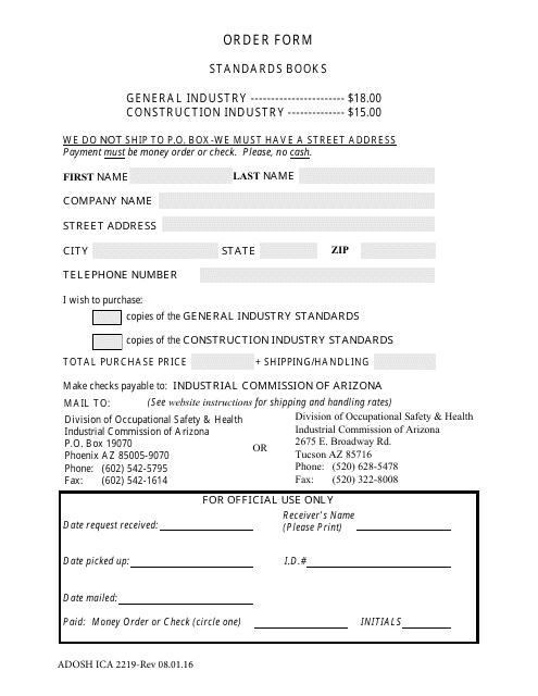 Form ADOSH ICA2219 Adosh Standards Book Order Form - Arizona